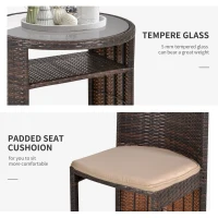Outsunny 3 PCS Outdoor Rattan Wicker Bistro Set with Storage Shelf, Glass Top Table, Soft Cushioned Chairs and Space Saving Design, Patio Conversation Set for Garden Backyard Porch, Brown(m-5)