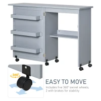 HOMCOM Folding Sewing Table, Rolling Utility Work Station Side Desk with 3-Tier Storage Bins, Shelf, and Lockable Casters, Grey(m-6)