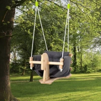 Outsunny Baby Swing Canvas Seat Wooden Toy Horse, Secure Hanging Hammock Chair Indoor Outdoor with Cotton Cushion Pillow, Light Grey and Wood Color(m-2)