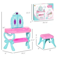 Qaba 2 In 1 Musical Piano Kids Dressing Table Set, 32 PCS Vanity Make Up Desk, Children Pretend Toy, with Beauty Kit, Mirror, Stool, Light, for 3-6 Years Old, Pink, Blue(m-3)