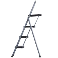 HOMCOM Foldable 3-Step Steel Ladder with Tool Tray  Handgrip  Anti-Slip Pads Grey and Black(m-5)
