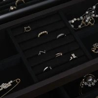 HOMCOM 3-Tier Jewelry Box Organizer with Glass Mirror and 6 Slots for Beauty Accessories, Costume Jewelry - Walnut(m-13)