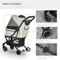 PawHut Travel Pet Stroller for Dogs, Cats, One-Click Fold Jogger Pushchair with Aluminum Frame, EVA Wheels, Brakes, Basket Storage, Safety Belts, Adjustable Canopy, Zippered Mesh Window Door, Beige(m-5)