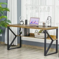 HOMCOM 55 Inch Industrial Writing Desk with Storage Shelf, Computer Desk with K-Shaped Steel Frame and Adjustable Footpads for Office, Black/Brown(m-2)