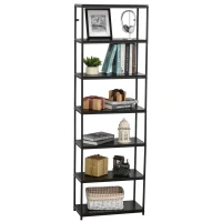 HOMCOM Modern 7 Tier Bookshelf Bookcase Utility Storage Shelf Organizer for Home Office with Display Rack Metal Frame, Walnut(m-1)