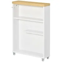 Kleankin Slim Bathroom Cabinet with Castor Wheels Storage Organizer and Wood Shelves To Fit In Small Spaces, White(m-9)