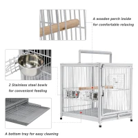 PawHut 18" Heavy Duty Wrought Iron Travel Bird Cage Carrier With Handle Perch And Accessories - White(m-4)