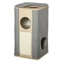 PawHut Wooden Cat Condo 3 Story Barrel Tower w/ Perch Removable Cover Cushions Sisal Scratching Carpet, Grey(m-1)