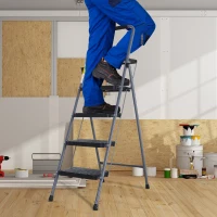 HOMCOM Foldable 3-Step Steel Ladder with Tool Tray  Handgrip  Anti-Slip Pads Grey and Black(m-1)