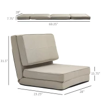 HOMCOM Convertible Flip Chair, Folding Upholstered Floor Sofa, Adjustable Guest Chaise Lounge, Dorm Bed with Metal Frame for Living Room and Bedroom, Gream White(m-3)