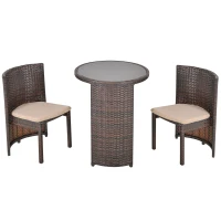 Outsunny 3 PCS Outdoor Rattan Wicker Bistro Set with Storage Shelf, Glass Top Table, Soft Cushioned Chairs and Space Saving Design, Patio Conversation Set for Garden Backyard Porch, Brown(m-1)