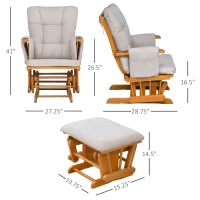 HOMCOM Indoor 2 Piece Glider & Ottoman Adjustable Reclining Function with Rubber Wood Base and Cushion, Wood/Cream White(m-3)