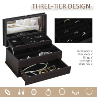 HOMCOM 3-Tier Jewelry Box Organizer with Glass Mirror and 6 Slots for Beauty Accessories, Costume Jewelry - Walnut(m-4)