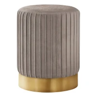 Monarch Upholstered Round Ottoman Pouf Stool with Metal Base - Light Brown Velvet / Gold Metal(m-1)