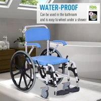 HomCom Rolling Shower Wheelchair Bath Toilet Commode Bariatric with 24" Wheels, Detachable Bucket & Shower-Proof Design, 17" Seat Width, Blue(m-4)