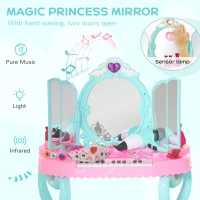 Qaba 2 In 1 Musical Piano Kids Dressing Table Set, 32 PCS Vanity Make Up Desk, Children Pretend Toy, with Beauty Kit, Mirror, Stool, Light, for 3-6 Years Old, Pink, Blue(m-5)