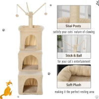 PawHut 3- Levels Plush Cat Tree Tower Ladder Shape Activity Center with Sisal Scratching Posts 3 Condos Funny Sticks and Balls, Beige(m-6)