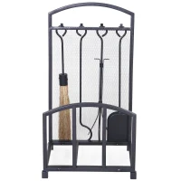 HOMCOM 4-Piece Iron Firewood Rack Wood Rack Tools Set: Brush  Shovel  Tong  Hook Black(m-7)