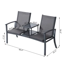 Outsunny Garden Patio 2 Person Bench Aluminum Mesh Fabric Seat w/Table Armrest(m-3)
