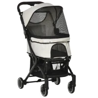 PawHut Travel Pet Stroller for Dogs, Cats, One-Click Fold Jogger Pushchair with Aluminum Frame, EVA Wheels, Brakes, Basket Storage, Safety Belts, Adjustable Canopy, Zippered Mesh Window Door, Beige(m-1)