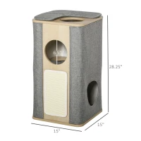 PawHut Wooden Cat Condo 3 Story Barrel Tower w/ Perch Removable Cover Cushions Sisal Scratching Carpet, Grey(m-3)
