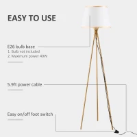 HOMCOM Modern Tripod Floor Lamp, Freestanding Lamp w/ Fabric Lampshade and E26 Base for Living Room, No Bulb - Gold(m-6)