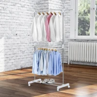 HomCom Rolling Extendable Clothes Rack Adjustable Double Rods Garment Hanger with Shoe Rack and Brake Wheels(m-1)