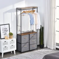 HOMCOM Industrial Bedroom Hall Tree Organizer with Long Coat Hanger Bar, 5 Fabric Foldable Drawers for Entryway, Bedroom, Office, Dorm Room(m-2)