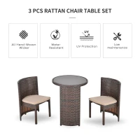 Outsunny 3 PCS Outdoor Rattan Wicker Bistro Set with Storage Shelf, Glass Top Table, Soft Cushioned Chairs and Space Saving Design, Patio Conversation Set for Garden Backyard Porch, Brown(m-7)