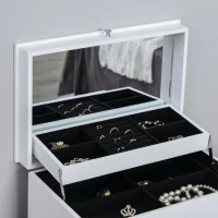 HOMCOM 3-Tier Jewelry Box Organizer with Glass Mirror and 6 Slots for Beauty Accessories, Costume Jewelry, White(m-6)