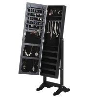 HOMCOM Mirrored Jewellery Cabinet Armoire Stand Organizer for Rings Earrings Bracelets Lockable Black(m-1)
