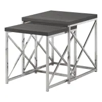 Monarch Contemporary 2 Piece Wood Grain-Look Top Chrome Metal Frame Accent Side Nesting Table Set - Grey Finish(m-1)