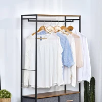 HOMCOM Industrial Bedroom Hall Tree Organizer with Long Coat Hanger Bar, 5 Fabric Foldable Drawers for Entryway, Bedroom, Office, Dorm Room(m-7)