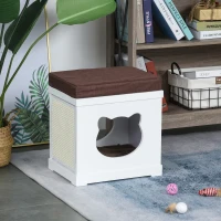 PawHut Wooden Cat Bed Cube House with Soft Padded Cushions, 2 Exterior Scratching Boards, & Interior Space, White(m-9)
