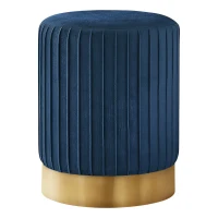 Monarch Upholstered Round Ottoman Pouf Stool with Metal Base - Blue Velvet / Gold Metal(m-1)