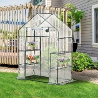 Outsunny 56" x 29" x 77" Mini Greenhouse Walk-in Greenhouse Garden Hot House with 2-Tier Shelving, Roll-Up Door & Weather Cover(m-2)