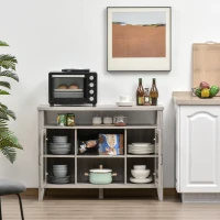 HOMCOM Farmhouse Sideboard Buffet Cabinet, Coffee Bar Cabinet with Storage Shelves, Kitchen Cabinet with 2 Framed Glass Doors and Anti-Topple, Distressed Gray(m-10)