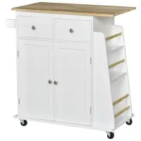 HOMCOM Rolling Kitchen Island Storage Trolley Cart with 3-Tier Spice Rack & Rubber Wood Top for Dining Room(m-15)