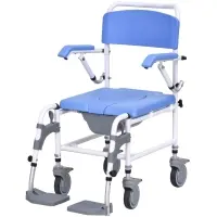 HOMCOM Accessibility Commode Wheelchair, Rolling Shower Wheelchair with 4 Castor Wheels, Rectangle Detachable Bucket, & Waterproof Design, 17" Seat Width, Blue(m-1)