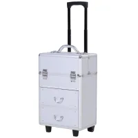 HOMCOM Professional Rolling Full Makeup Travel Train Case, Large Storage Cosmetic Trolley with Folding Trays, Drawer and Locks, Silver(m-1)