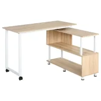 HOMCOM Mobile L-Shaped Rotating Computer Desk with Storage Shelves Moveable Rolling Writing Table Home Office Study Workstation for Home Office, Oak(m-1)