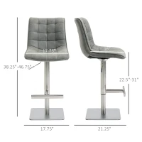 HOMCOM Vintage PU Leather Bar Stool with Stainless Steel Base, Adjustable Counter Height Bar Chair Swivel Barstool with Back, Footrest, Grey(m-3)