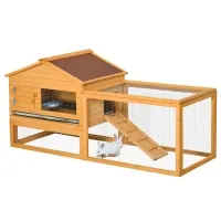 PawHut 62" Large Outdoor Log Cabin Rabbit Cage Small Animal Hutch with Run and Ramp(m-1)