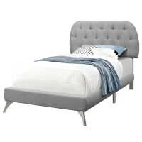 Monarch Twin Size Contemporary Upholstered Bed Frame with Padded Diamond Tufted Headboard and Curved Chrome Legs - Grey Linen Look(m-1)