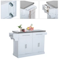 HOMCOM Rolling Kitchen Island with Storage, Portable Kitchen Cart with Stainless Steel Top, 2 Drawers, Spice, Knife and Towel Rack and Cabinets, White(m-5)