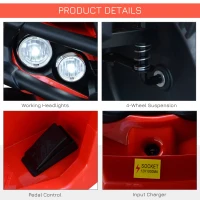 Aosom 12V Kids ATV Ride-on Four Wheeler Car with Bluetooth MP3 Real Working Headlights, Music/Radio Player, & Smooth Suspension, Red(m-6)