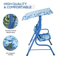 Outsunny Kids Porch Swing, Outdoor 2-Seat Children Patio Chair, Toddler Glider with Adjustable Canopy, Seat Belt for Garden Backyard Shark Pattern(m-7)