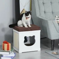 PawHut Wooden Cat Bed Cube House with Soft Padded Cushions, 2 Exterior Scratching Boards, & Interior Space, White(m-2)