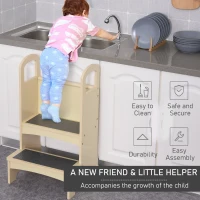 Qaba Toddler Tower Kitchen Helper for Children with 2 Non-Slip Steps and Support Handles - Natural(m-4)