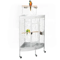 PawHut Corner Parrot Bird Cage Perch Roof Play Top Ladder w/4 Casters White(m-1)